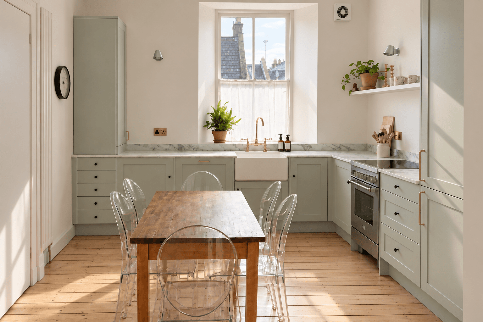 Sunlit designer kitchen with farmhouse sink and charming dining table