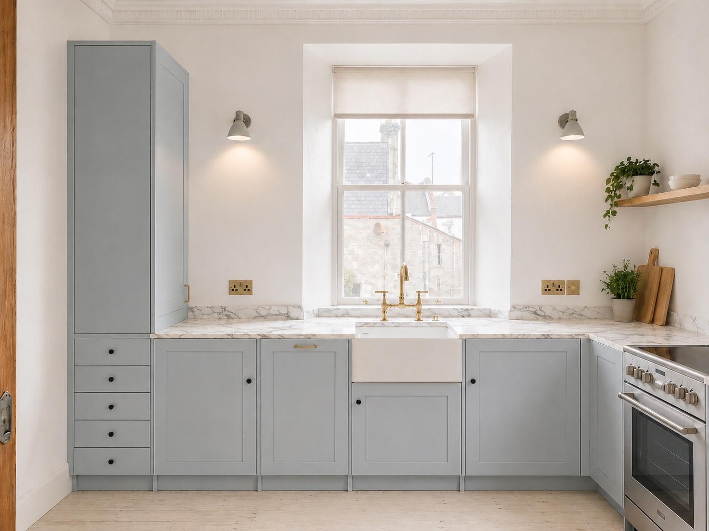Bright designer kitchen with farmhouse sink and elegant marble counters