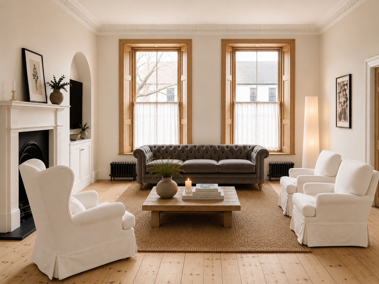 Bright, elegant lounge with fireplace, tall windows, and serene seating