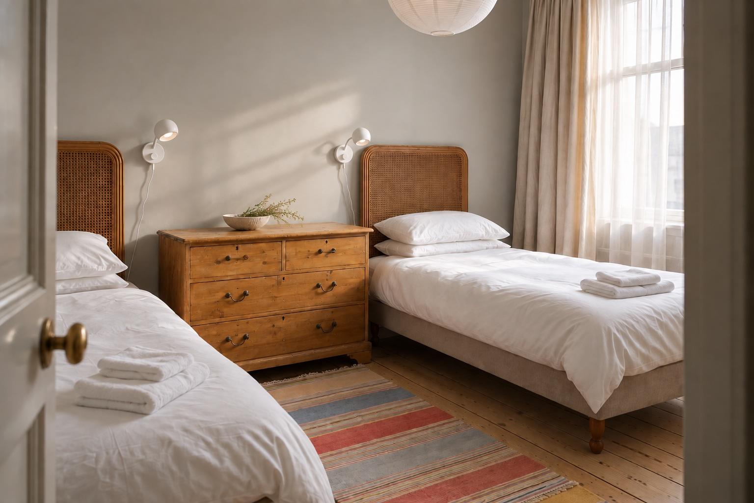 Bright twin bedroom with natural light, vintage charm, and cozy styling