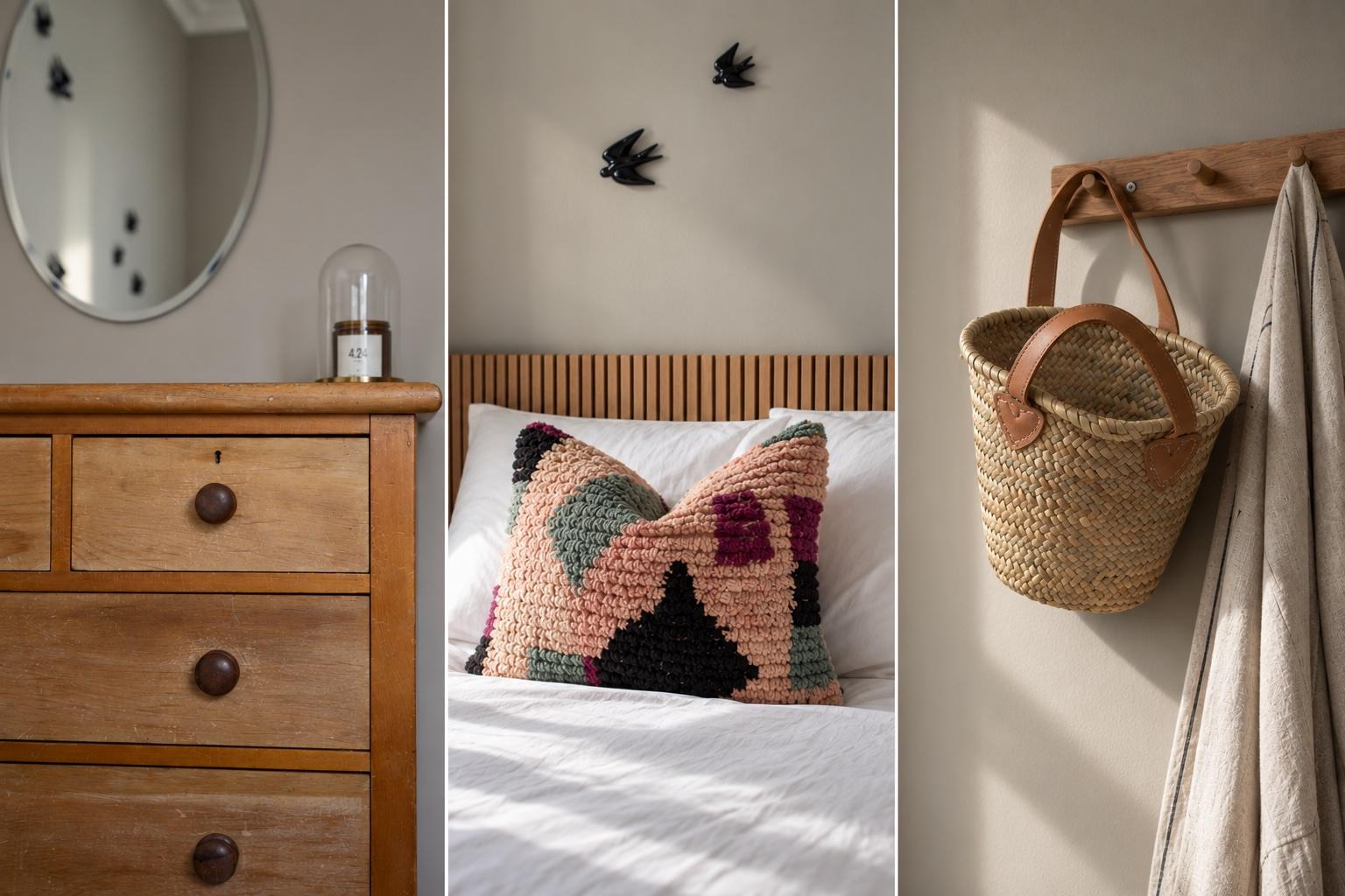 Cozy, design-led bedroom with warm wood accents and inviting details