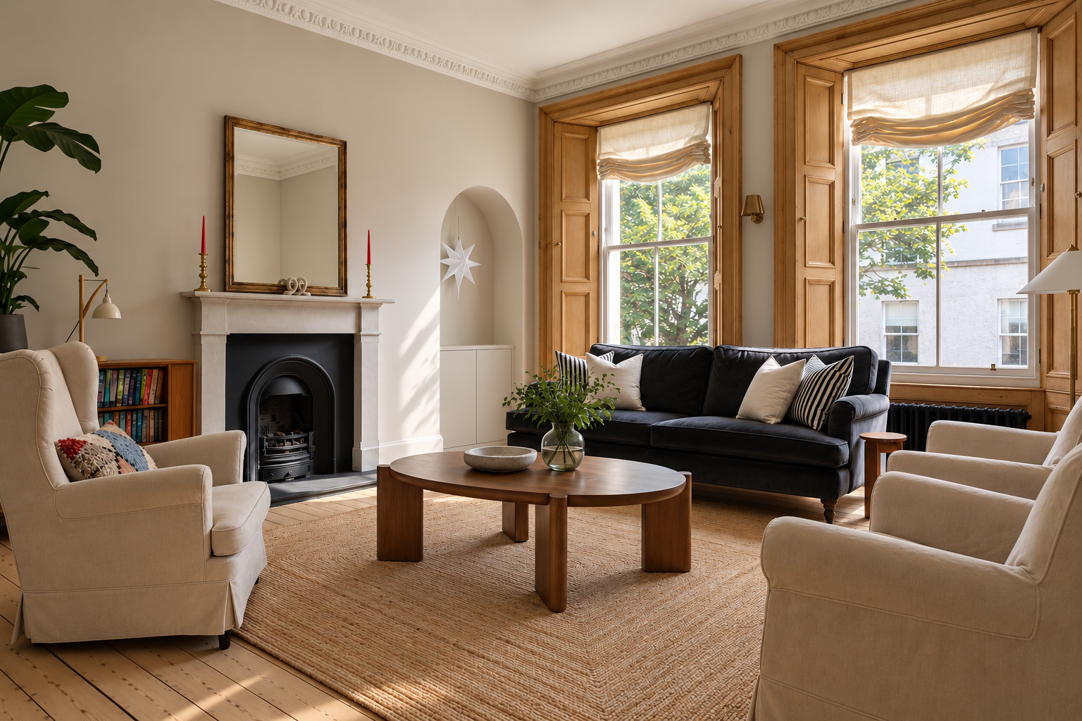 Bright elegant lounge with bay windows, fireplace, and stylish seating