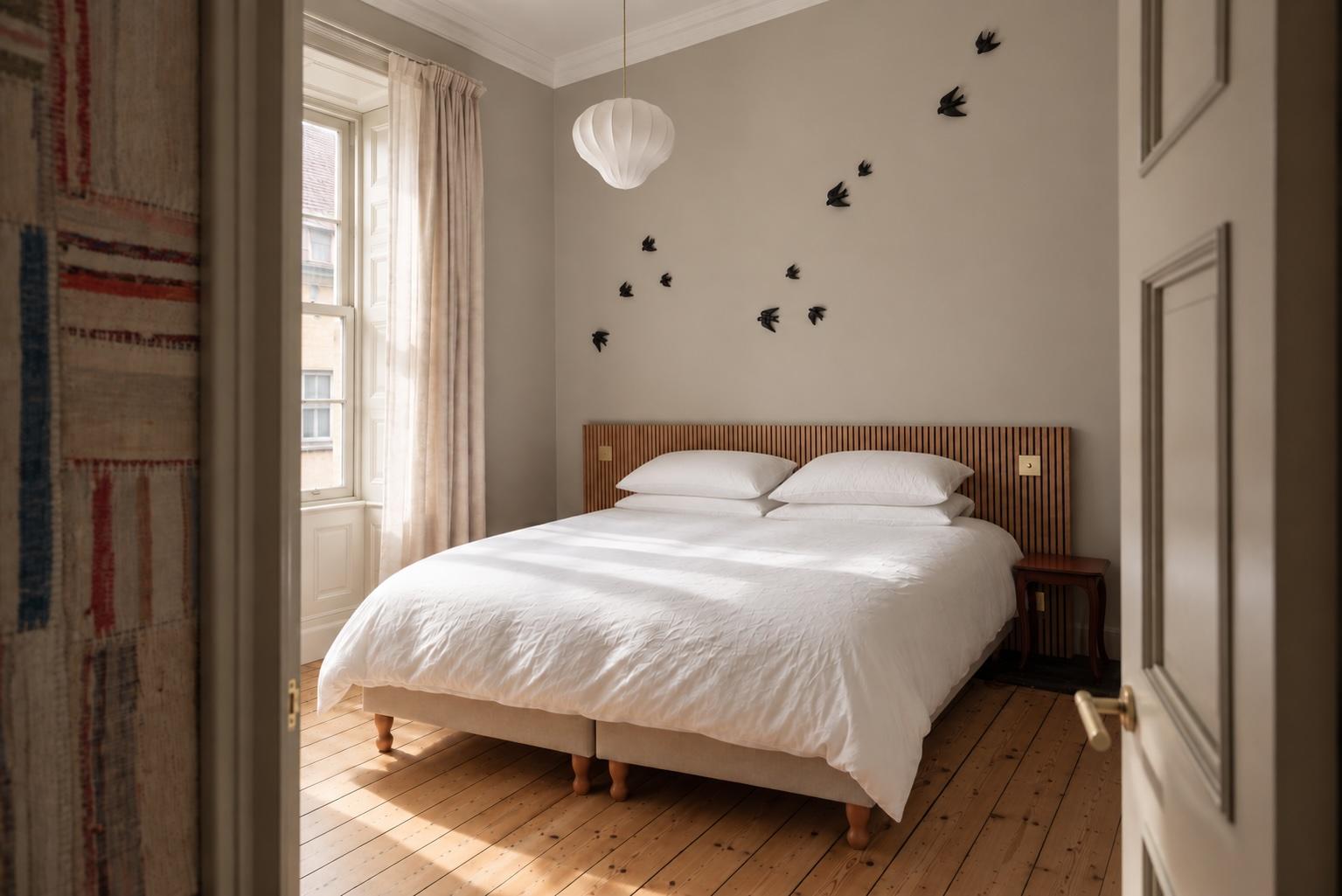 Bright, serene bedroom with crisp linens and charming designer touches