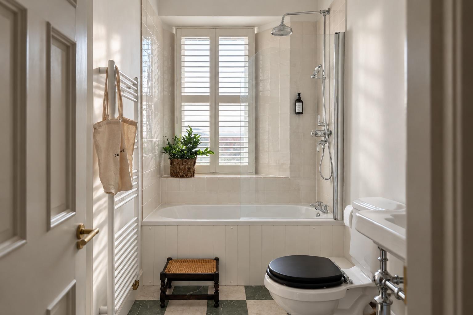 Bright bathroom with tub, rainfall shower, and lovely natural light