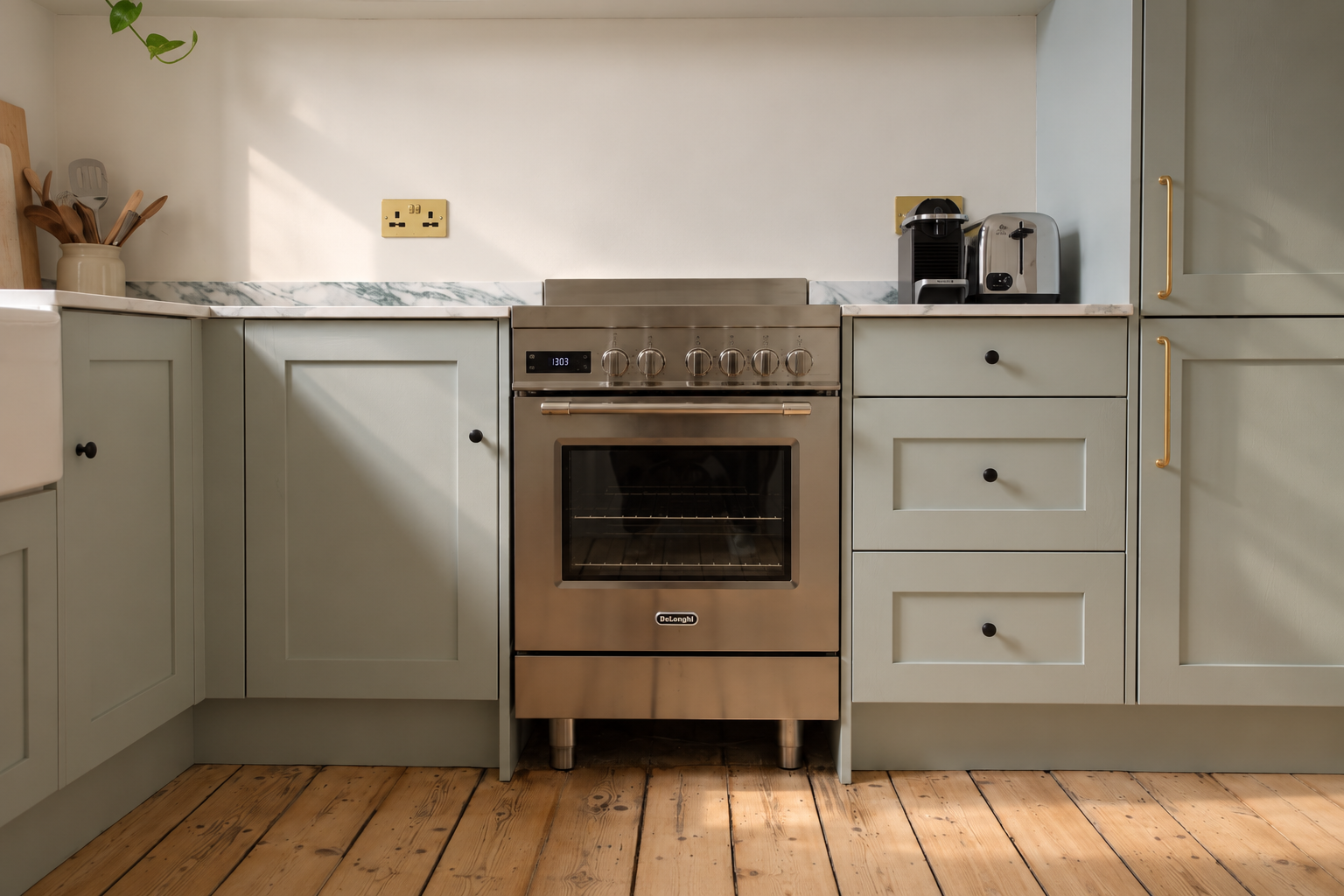 Bright designer kitchen with marble counters and premium range