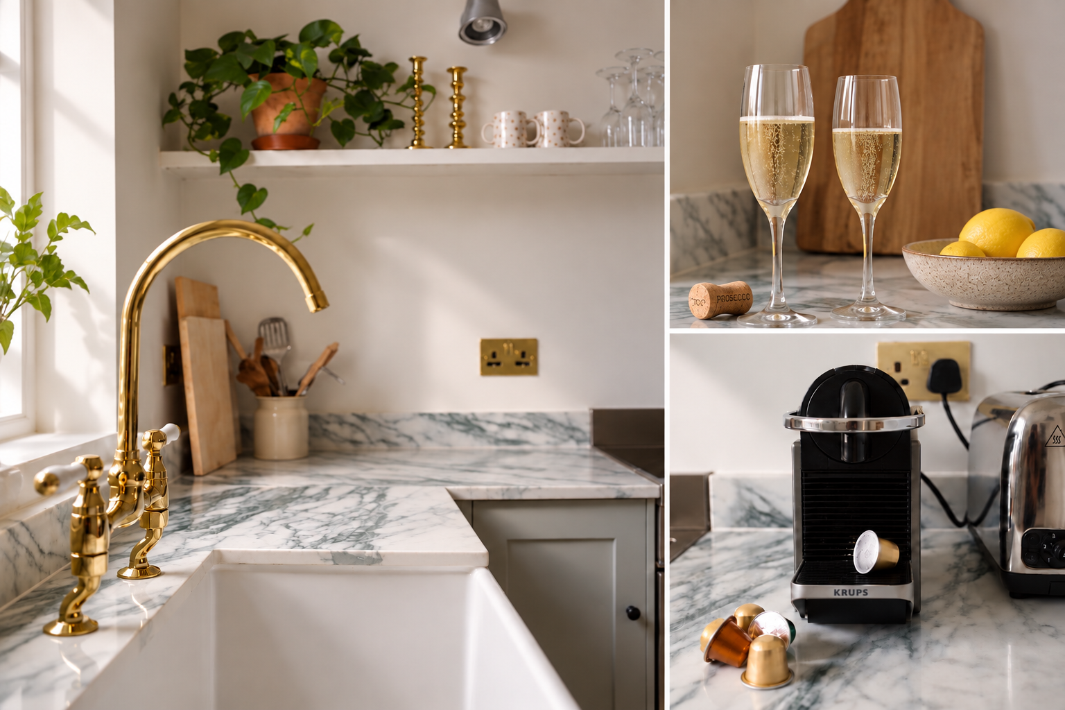 Elegant marble kitchen with brass fixtures, coffee station, and bubbly