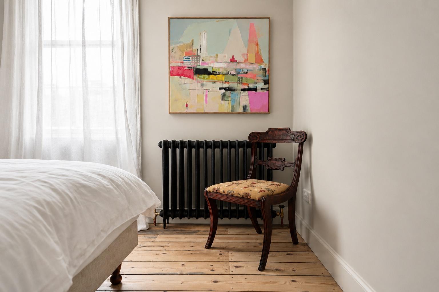 Bright bedroom corner with vintage charm, art, and natural light
