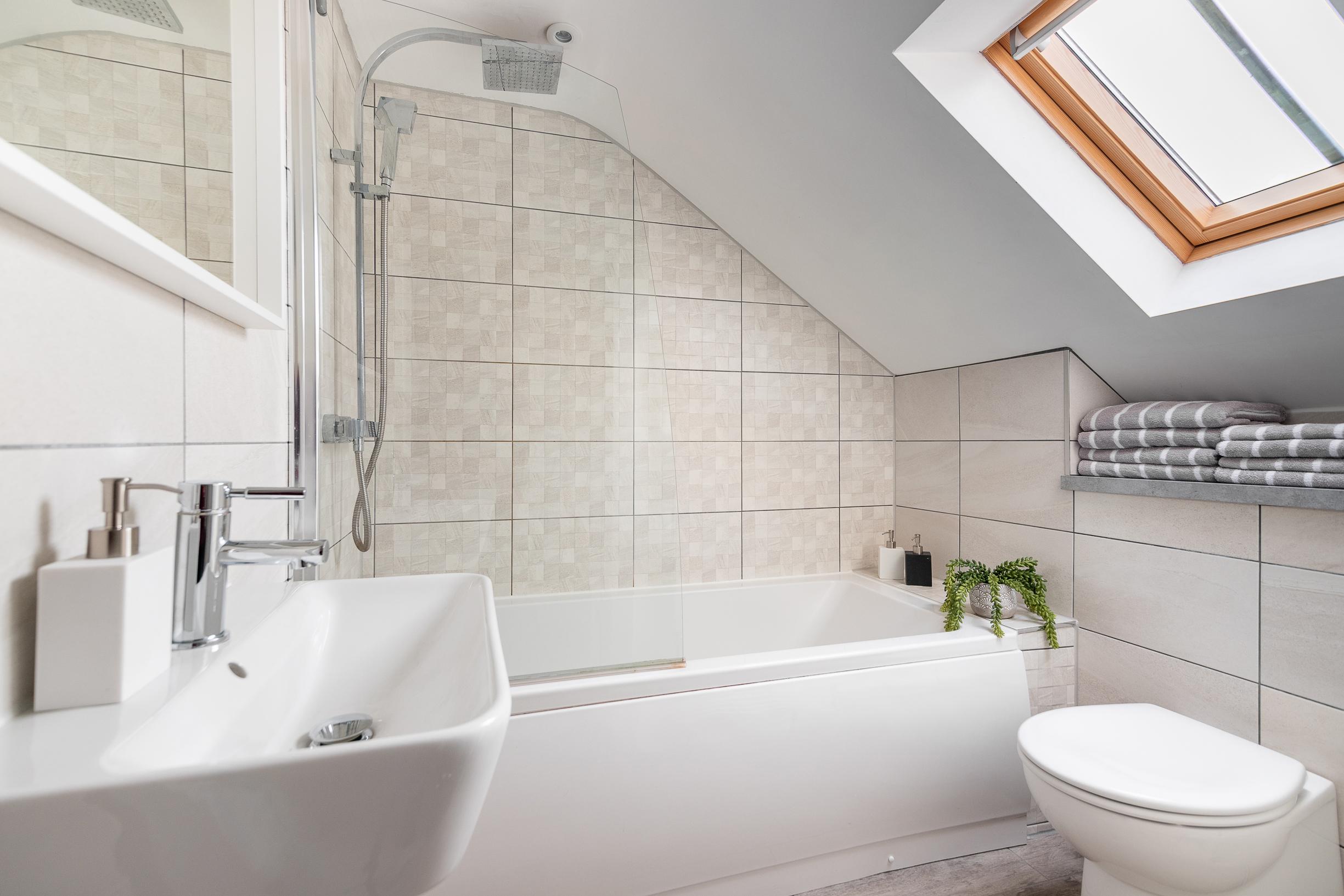 Bright skylit bathroom with tub, rainfall shower, and modern finishes